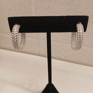Diamonique Beaded Texture Hoop Earrings, Sterling Silver